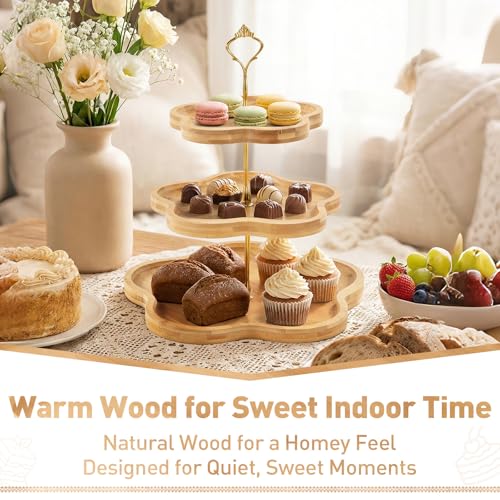 DUJUST 3-Tier Wooden Cupcake Stand Flower-Inspired Serving Tray - 3 Tier