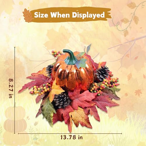Lighted Pumpkin Fall Decor with LED String, Faux Leaves Berries Pinecones - Indoor Outdoor Thanksgiving Centerpiece
