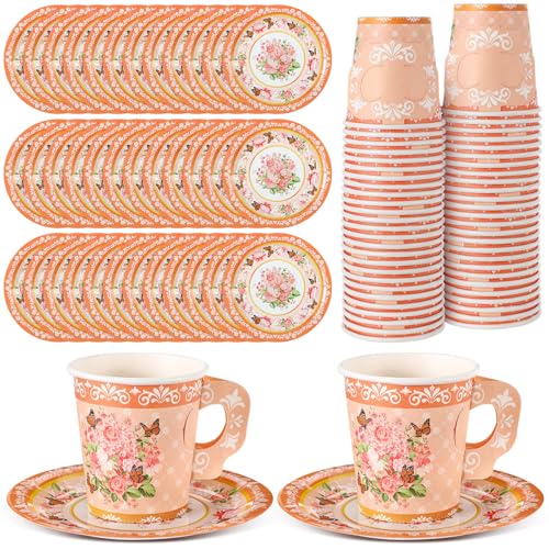 Disposable Floral Paper Tea Cups & Saucers Set - 7 oz Orange for Tea Party