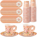 Disposable Floral Paper Tea Cups & Saucers Set - 7 oz Orange for Tea Party