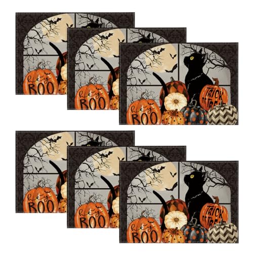 Halloween Placemats Set of 6 - 12x18 Inch Black & Orange Fall Table Decor