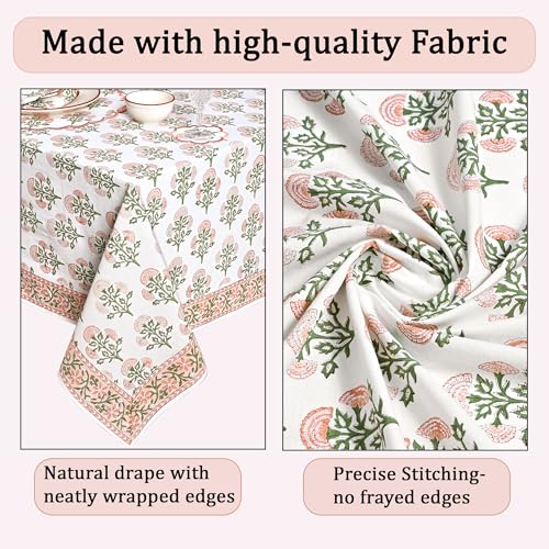 Ridhi Mughal Buta Peach Hand Block Print Cotton Tablecloth 90x60 Inch - Rectangular