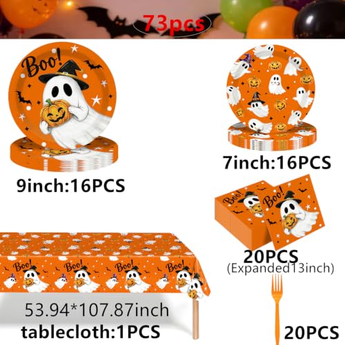 Halloween Party Plates Set with Napkins, Forks & Tablecloth - 73 Pieces