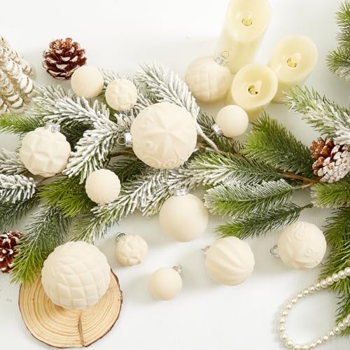 Cream Velvet Christmas Ball Ornaments Set - 46 Pcs Shatterproof Holiday Decorations with Loop, 3 Sizes