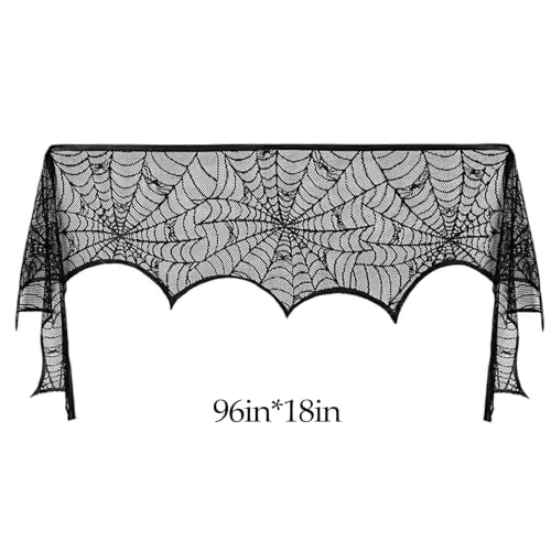 Halloween Black Lace Spiderweb Mantel Scarf - Indoor Fireplace & Table Decor