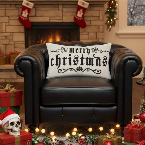 Goth Christmas Pillow Cover 12x20 Inch Spooky Holiday Decor Embroidery