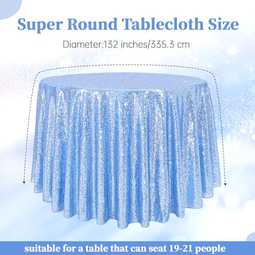 Baby Blue 132 Inch Round Sequin Tablecloth Glitter Cover for Wedding Party Bridal Shower