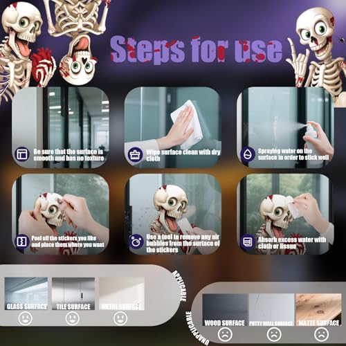 Halloween Window Clings 4 Sheet Set - Skeleton Bats Ghost Spider Decorations