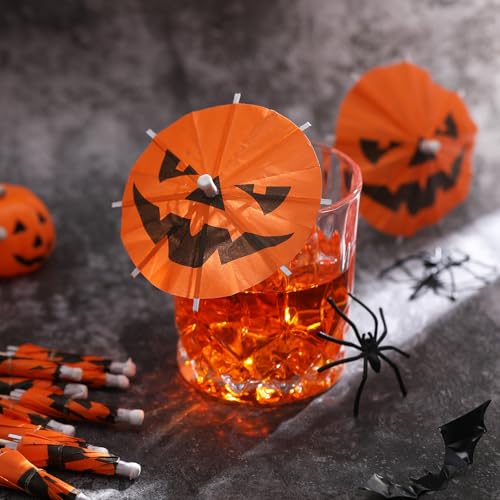 Halloween Pumpkin Cocktail Umbrella Picks - 100 Pack Party Decor