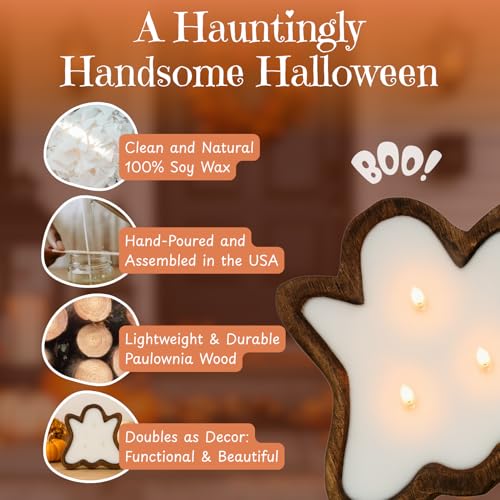 Ghost Halloween Candle with Candy Corn Scent - 7x7x2in Soy Wax Fall Decor - Ghost Variation
