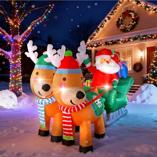 Inflatable Santa Sleigh with Reindeer - 6.7FT Christmas Yard Decor with LED Lights