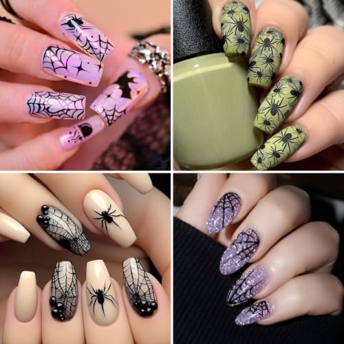 Halloween Nail Stickers Set - 4 Sheets Dark Spooky Web Bat Skull Designs - Variation of Halloween 4 Sheets