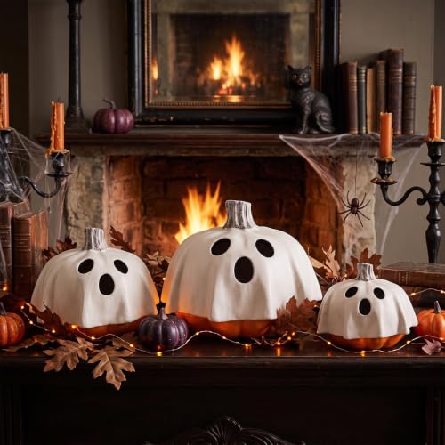 Halloween Ghost Pumpkin Decor Set - 3 Resin Figurines 7, 6 & 5 Inches - AceOrbit