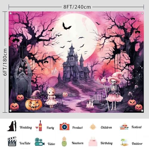 Pink Black Halloween Backdrop Banner 8x6ft for Party Photo Booth Decorations - Girls Kids - Pink Black / 8x6ft
