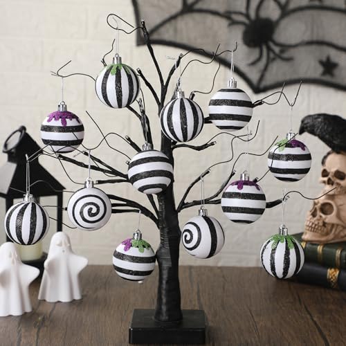 Halloween Christmas Black & White Ball Ornaments Set - Stripe Variation, 12 pcs