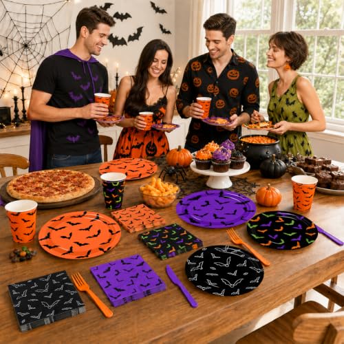 Halloween Bat Tableware Set 144 pcs Disposable Plates Cups Napkins Forks