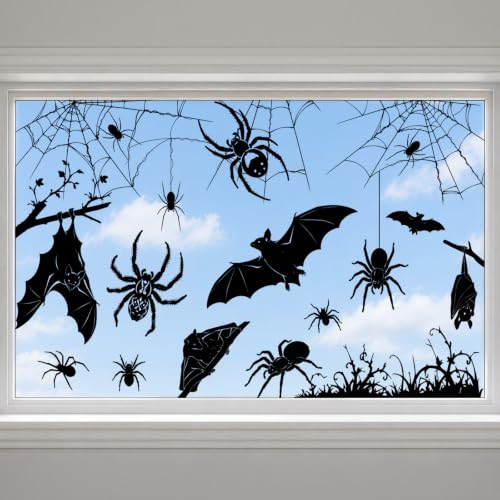 Halloween Window Clings Decorations - Extra Large Silhouette Spiders Bats Cobwebs, 5 Sheets, D Variation