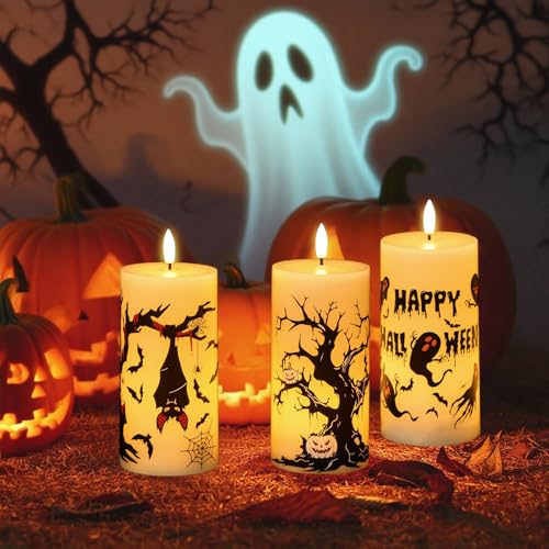 Yellow-Timer Flameless Halloween Ghost Bat Candles with 6H Timer Indoor Decor