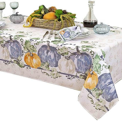60 x 84 Inch Blue Pumpkin Vines Fabric Tablecloth for Fall & Thanksgiving