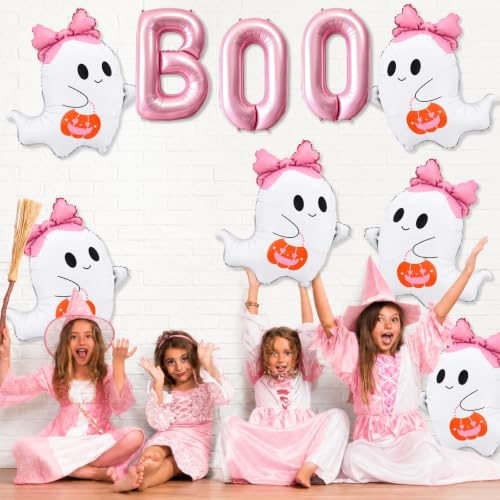 Pink Boo Balloons Halloween Decorations Foil Ghost Balloons - Pink Bow