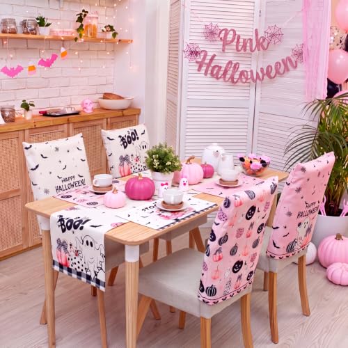 Pink Pumpkin Halloween Table Runner & Placemats Set - 13 Pcs Linen Decor