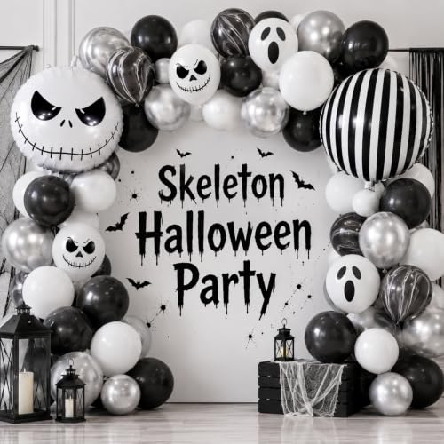 Halloween Balloons Set Black White Silver Skull Ghost 12 Inch 35pcs - Spooky Party Decorations