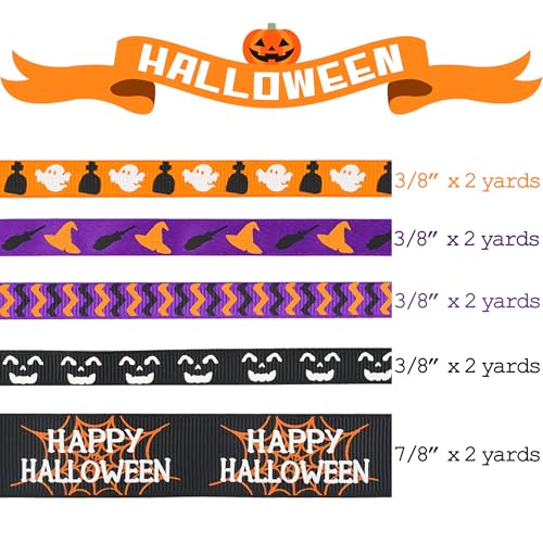Happy Halloween Ribbon Set - Assorted Halloween Grosgrain & Satin Ribbons, 5 Rolls, 10 Yards