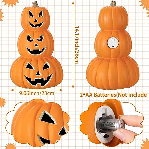Halloween Pumpkin Decor 3-Tier 14-Inch Jack O Lantern with LED Lights - Orange