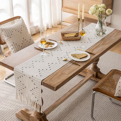 Joyfol Day Boho Table Runner - Farmhouse Stripe Cotton with Tassels, 13 x 90 Inch, Grey