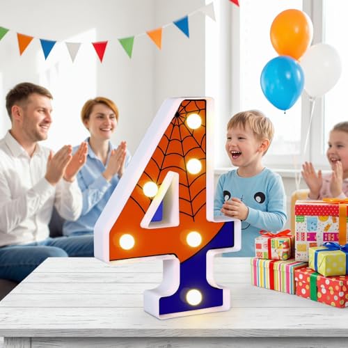 8.5-Inch Spider Light Up Number 4 - Red & Blue LED Birthday Sign, Reusable Wall & Tabletop Decor