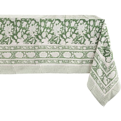 Cotton Blockprint Rectangle Tablecloth - Meraki Green 108x60 Inches - Handmade, Fair Trade