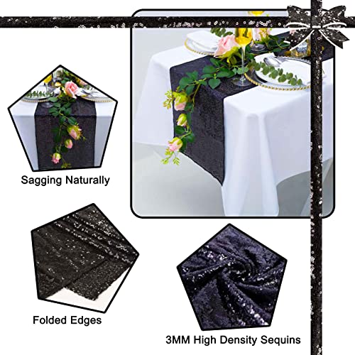 Sequin Table Runner 12x108 Inch Black Set of 12 - Elegant Party Decor