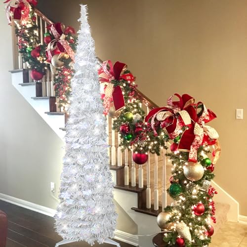 5FT Silver White Pop Up Christmas Tree with Snowflake & 60 Lights - Space Saving Holiday Decor