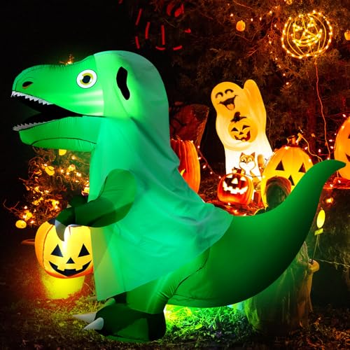 6 Ft Halloween Inflatable Ghost Dinosaur with Pumpkin LED Decor - Spooky Yard Decoration