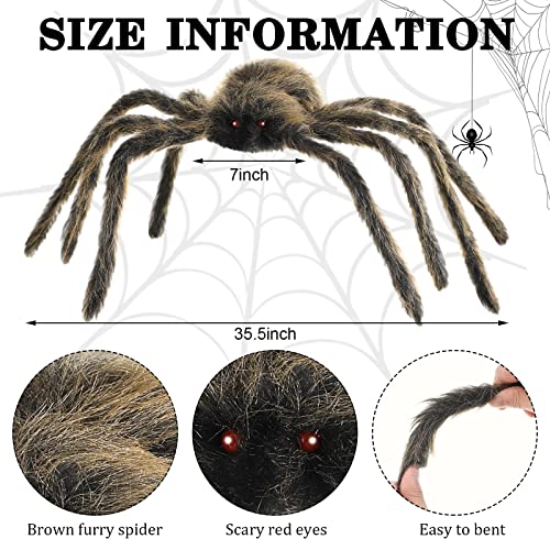 35.5 Inch Halloween Giant Brown Spider Decoration - Realistic Fuzzy Scary Prop for Haunted House & Yard