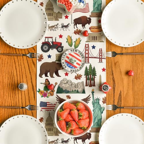 American Flag Map Eagle 13x48 Inch Table Runner - 4th of July Memorial Day Decor Beige