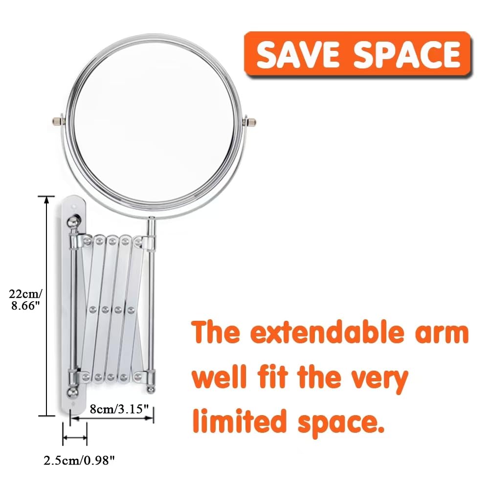 Welllink 7Inch Extendable Bathroom Makeup Mirror with Long Adjustable Arm, 1X/3X Magnification, High-Definition Glass, Chrome Finish, Space Saving Screw Mount