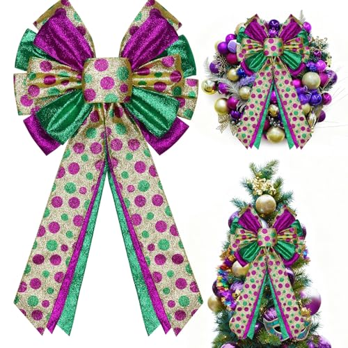 Purple Mardi Gras Tree Topper Bow Decor - 12x20 Glitter Wreath for Holiday & Party