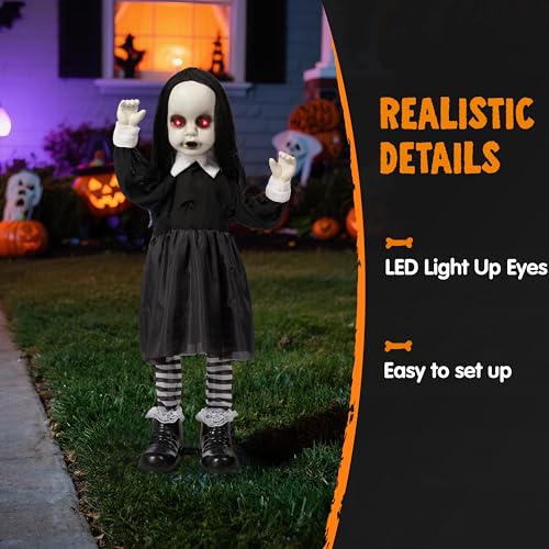 Halloween Animatronic Zombie Girl Decor with Sound & LED Eyes - 34 Inch Outdoor Haunted House Prop