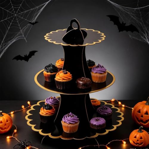 Black Gold 3-Tier Cardboard Cupcake Stand - Disposable Dessert Tower Set of 2