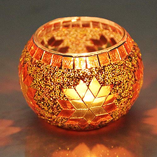 Votive Candle Holder Set of 4 - Handmade Mosaic Glass Tealight Holders for Table Decor - Diwali Thanksgiving