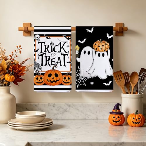 Hexagram Halloween Kitchen Towels Set of 2 - Black Stripe Ghost Design, 18x28 Inches