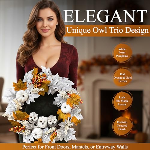 21-Inch Fall Owl Wreath with Pumpkins & Maple Leaves for Front Door Halloween Thanksgiving