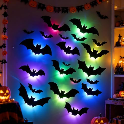 Halloween Bat Wall Stickers 48 Pack with Colorful LED Lights - 3D Glowing Gothic Decorations, Style2-48pcs