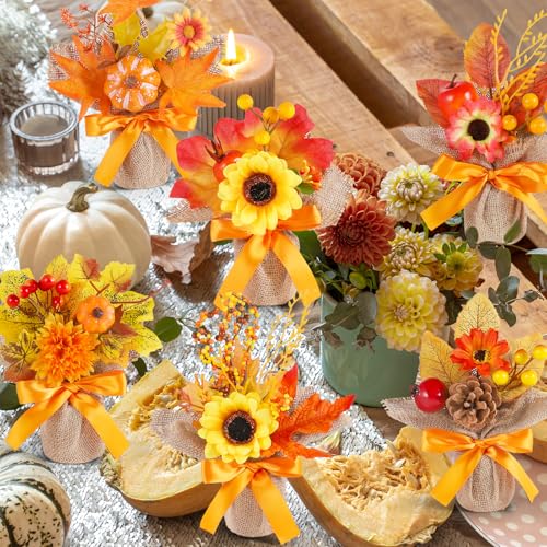 Set of 6 Fall Artificial Potted Flowers for Thanksgiving and Autumn Decor