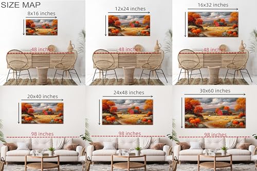Autumn Fall Canvas Wall Art - Rustic Pumpkin Farm Scene, Red Barn, 16"x8" Wrapped Print - Fall Landscape Decor