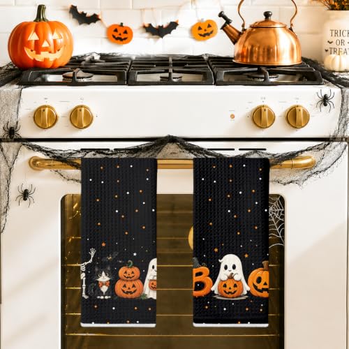 Jztco 2 Pcs Skull Cat Halloween Kitchen Towels Boo Spooky Pumpkin Multi 1660