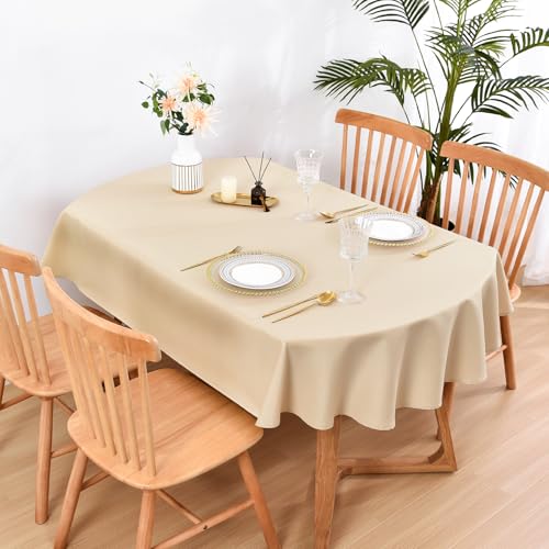 Beige Oval Tablecloth 60x84 Inch - Washable Linen Look, 2 Pack
