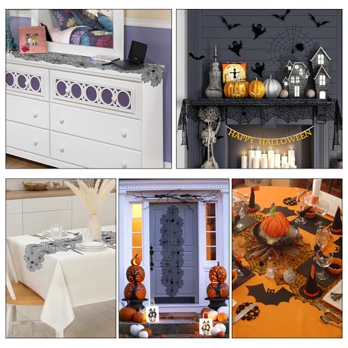 Black Lace Spiderweb Table Runner Set - Halloween Decor 2 Pieces 18x73 Inches