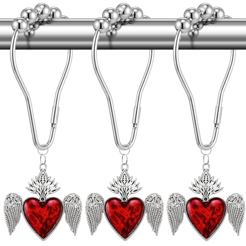 Halloween Shower Curtain Hooks - Gothic Red Heart with Wing, 12 Pack